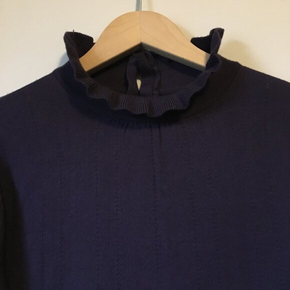 Plum Ribbed Balloon Sleeve Knit Mock Neck Frilly Sweater - Picture 6 of 16